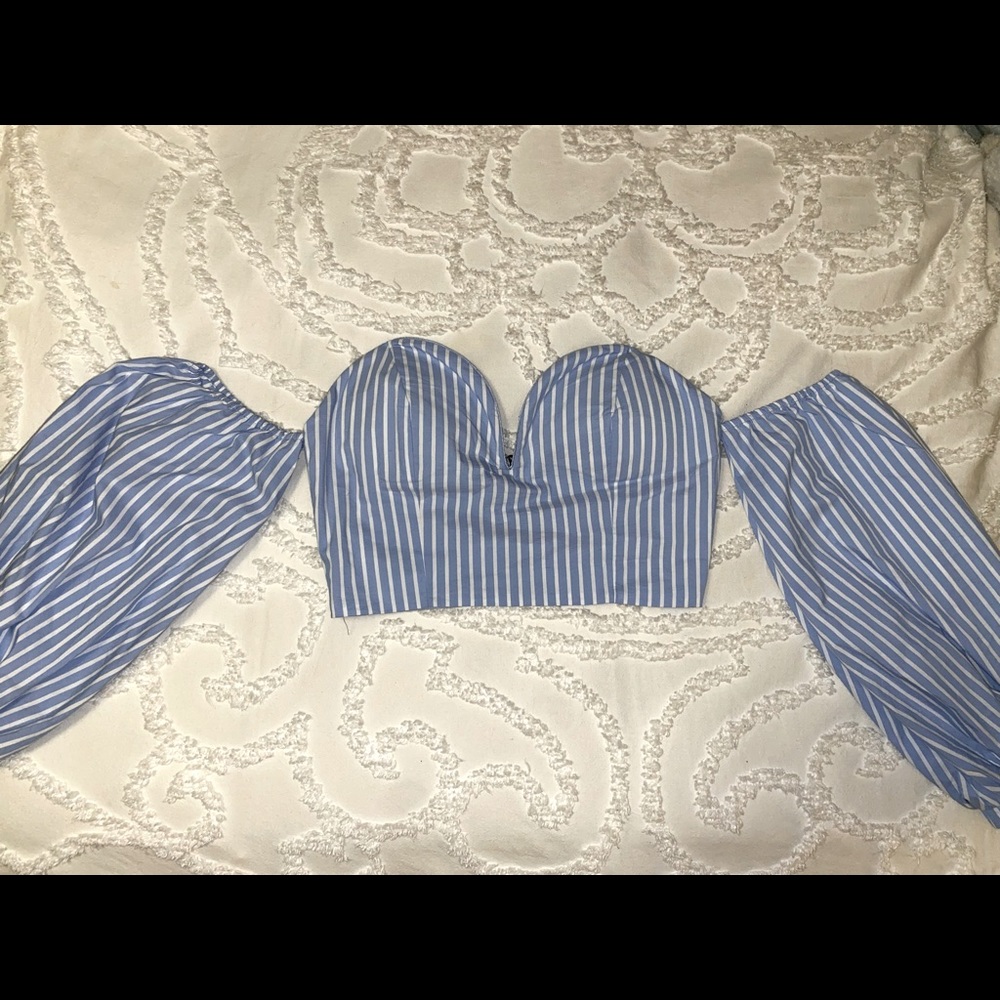 Blue, white stripe, crop top, zip up, shirt.